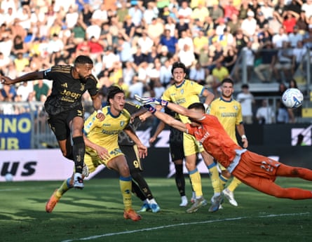 Juventus centre-back Gleison Bremer heads in a goal against Frosinone