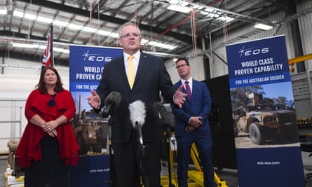 Prime minister Scott Morrison speaks to the media during a visit to Electro Optics Systems