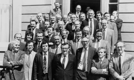 Maria Fyfe stands out as the only woman among the large group of Labour party MPs elected to seats in Scotland at the 1987 general election.