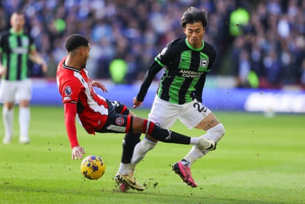 18 February 2024Kaoru Mitoma of Brighton is badly fouled by Mason Holgate of Sheffield United resulting in a red card for Holgate. Brighton won the match at Bramall Lane 5-0.