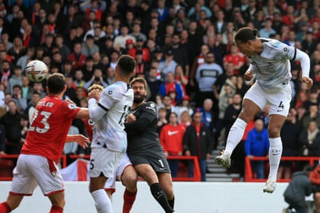 Nottingham Forest 1-0 Liverpool: Premier League – as it happened | Premier League 5 Liverpool's Virgil van Dijk (right) has this header saved by Nottingham Forest's goalkeeper Dean Henderson.