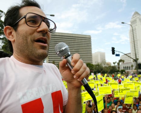 File photo of American Apparel former owner Dov Charney speaking during a May Day rally protest march for immigrant rights, in downtown Los Angeles<br>American Apparel former owner Dov Charney speaks during a May Day rally protest march for immigrant rights, in downtown Los Angeles in this file photo taken May 1, 2009. American Apparel Inc has officially fired its founder and former Chief Executive Officer Dov Charney, months after it suspended him for misconduct, according to a news release December 16, 2014. REUTERS/Mario Anzuoni/Files (UNITED STATES CONFLICT SOCIETY - Tags: BUSINESS)
