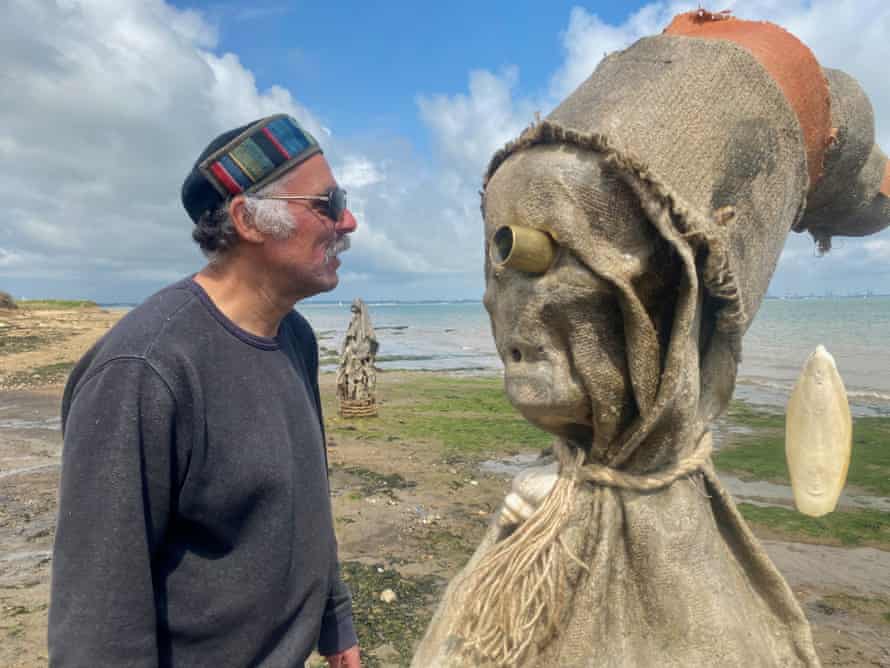 I will walk 500 miles … on an art trail along Essex’s lost coast 3 Artist Nabil Ali with a figure from his Essex beach installation, The Sea People