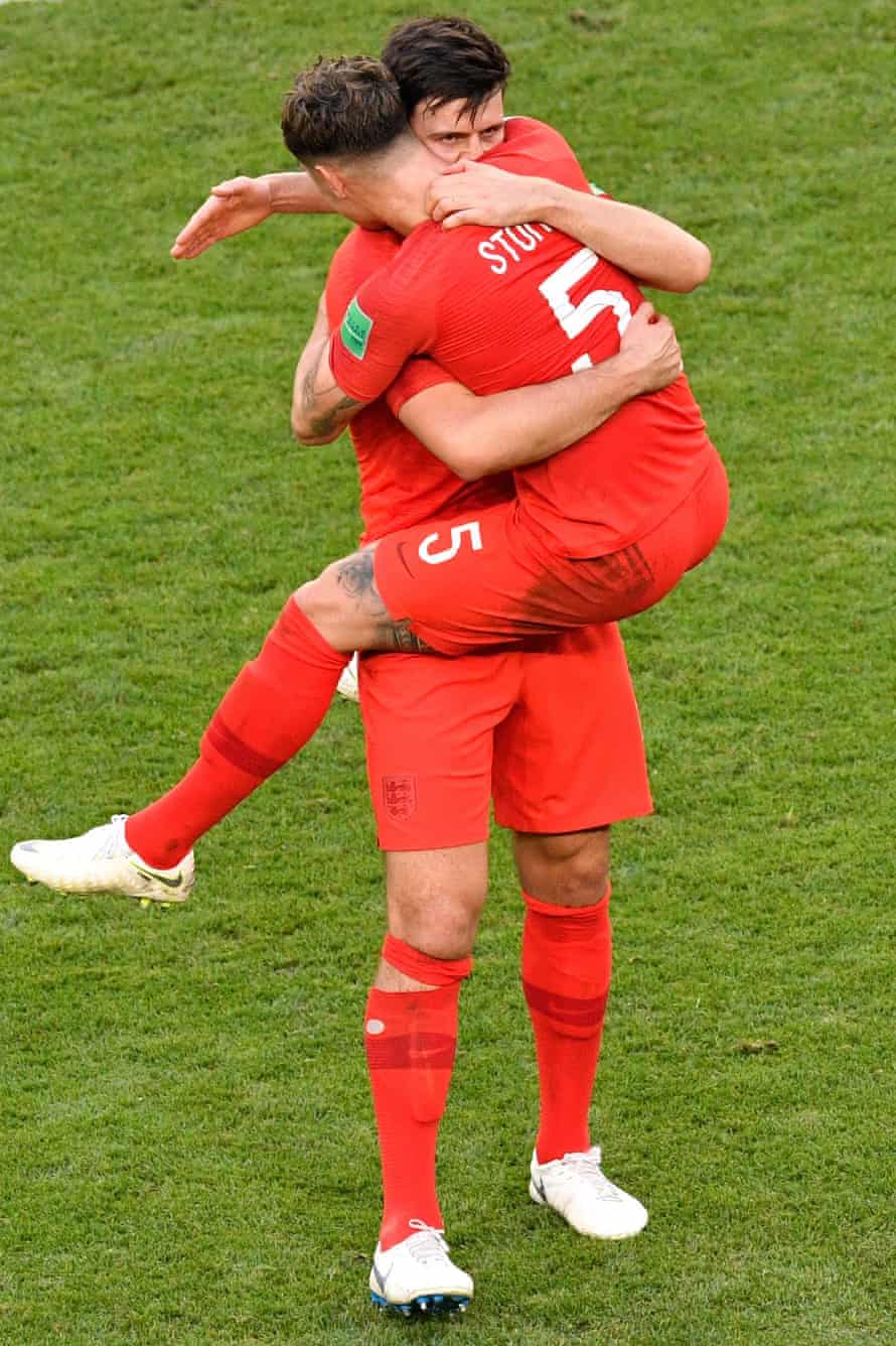 England goalscorer Harry Maguire celebrates with John Stones after the final whistle.