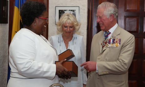 Prince Charles and Camilla Duchess of Cornwall with Mia Mottley, the prime minister of Barbados, 19 March 2019.
