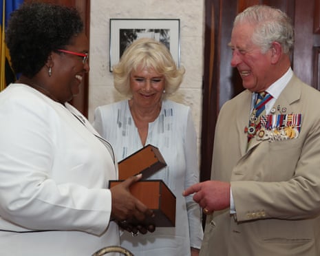 Prince Charles and Camilla Duchess of Cornwall with Mia Mottley, the prime minister of Barbados, 19 March 2019.
