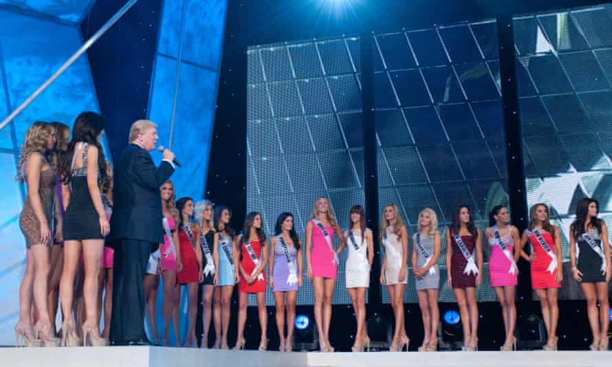 Trump addresses the contestants in the Miss USA beauty pageant in 2012.