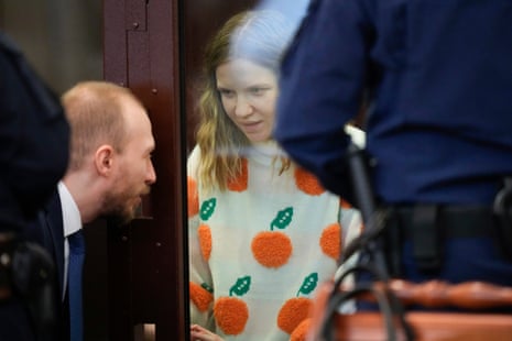 Darya Trepova talks with her lawyer during a court hearing in St Petersburg.