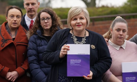 Donna Ockenden, centre, with Rhiannon Davies, far left, and Kayleigh Griffiths, left, following the release of the final Ockenden report, 30 March 2022.