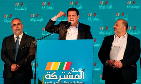 Head of the Joint List, Ayman Odeh, speaks in Israel’s northern city of Shefa-Amr after polls closed on 2 March