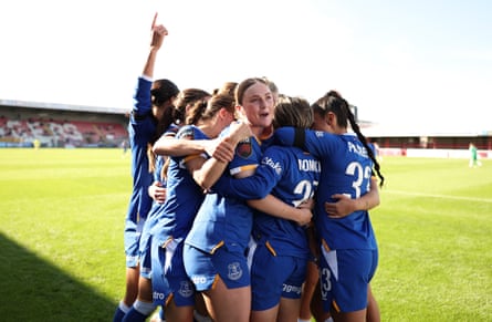 Ruby Mace celebrates with teammates after Laia Codina of West Ham United (not pictured) scores an own-goal during the Women’s Super League match between West Ham United and Everton