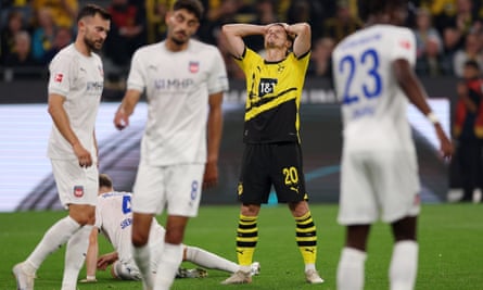 Gladbach raise their game but Bayern end week of transfer woes with a win | Bundesliga 6 Marcel Sabitzer of Borussia Dortmund looks to the sky after missing a chance against Heidenheim.