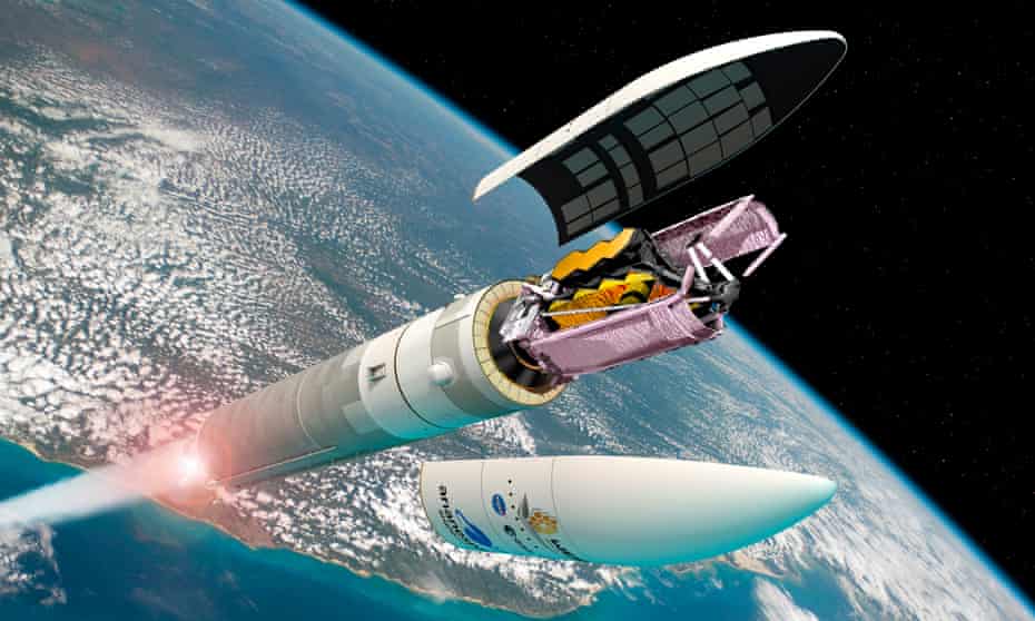 Artist's impression of the James Webb space telescope folded in the Ariane 5 rocket during launch