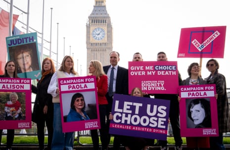 Kim Leadbeater with supporters of the assisted dying bill outside parliament today.