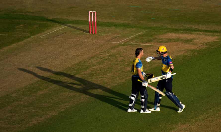 England’s display of batting power in keeping with cricket’s summer of runs | England cricket team 4 Sam Hain and Adam Hose celebrate Hain's century for Birmingham Bears at Trent Bridge.