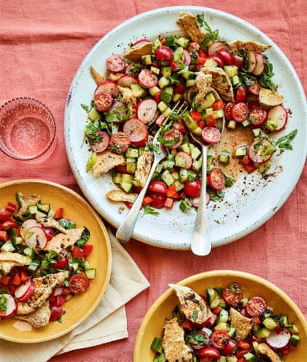 Sami Tamimi’s fridge-raid fattoush. A colourful salad on a serving plate and two two eating plates.