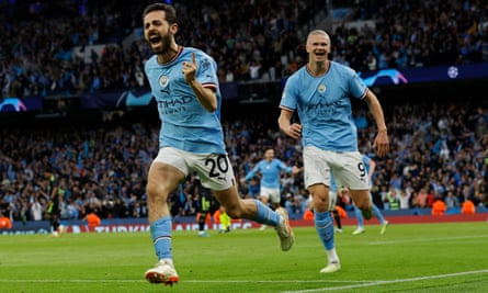 Bernardo Silva celebrates after scoring Manchester City’s second goal in last year’s semi-final thrashing of Real Madrid.
