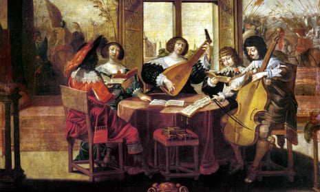 Singers and musicians perform at a table in a 17th-century artwork. Oil on canvas, after a lithograph by Abraham Bosse.