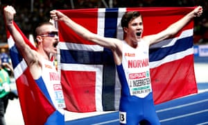 Jakob Ingebrigtsen (right) celebrates with his older brother Henrik , who finishes second in the men’s 5,000m final.