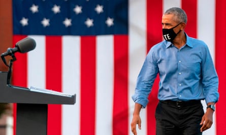 Former US president Barack Obama at a drive-in rally in Philadelphia, Pennsylvania.