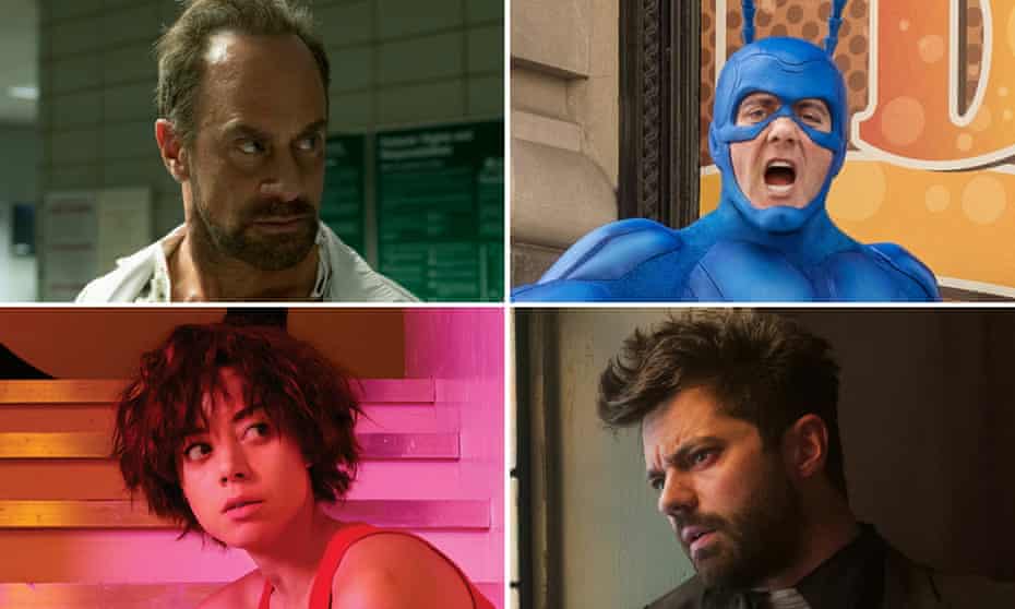 Hitting the right notes: (from left) Christopher Meloni in Happy!, Peter Serafinowicz in The Tick, Dominic Cooper in The Preacher, and Aubrey Plaza in Legion