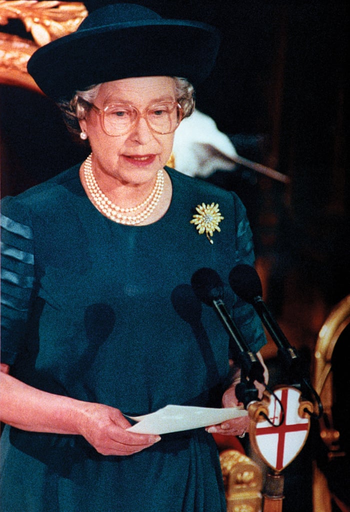 Queen ELizabeth II delivering her speech after a Guildhall luncheon to mark the 40th anniversary of her accession to the throne.