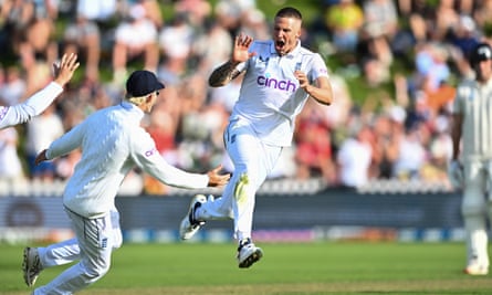 England’s Brydon Carse celebrates a wicket against New Zealand.