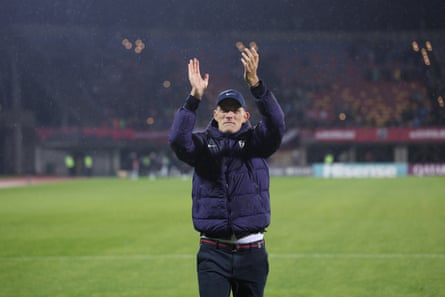 Thomas Tuchel applauds the travelling England fans in Latvia