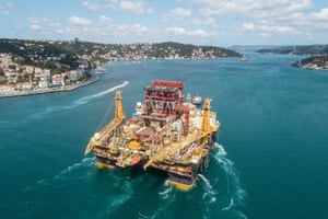 An aerial view of Scarabeo 9, a 115-meter-long and 84-meter-high drilling rig, passing through the Bosphorus Strait in Istanbul, Turkey on 29 August 2019.