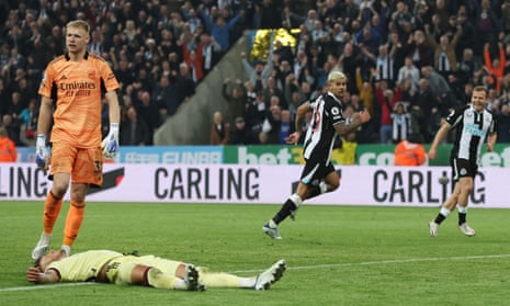 Newcastle United’s Bruno Guimaraes wheels away in celebration after scoring their second goal.