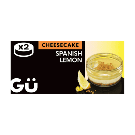 A packet of two Gü Spanish lemon cheesecakes.
