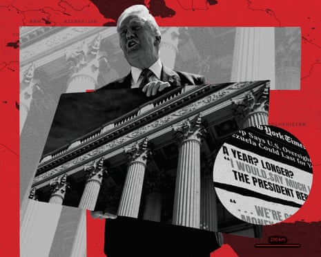 Collage of Trump over a courthouse facade, with a newspaper clipping and a map background