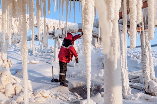 A LUKoil worker repairs a leaking pipe in the Komi Region in the Russian Arctic, home to some of the world’s largest natural gas deposits.