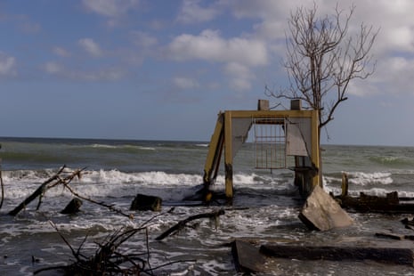 Trees and the remains of a building are lapped by the tide