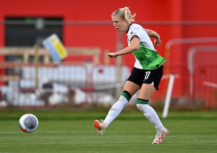 Liverpool’s Sophie Román Haug tries out her shooting boots in a pre-season friendly against Manchester United
