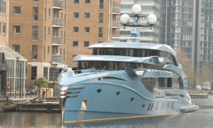 The superyacht Phi owned by a Russian businessman in Canary Wharf, east London which has been detained as part of sanctions against Russia.