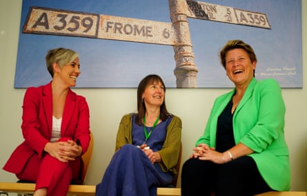 The Liberal Democrat’s candidate for the Somerton and Frome byelection Sarah Dyke (right) and deputy leader of the Liberal Democrats Daisy Cooper (left) speak with Dr Helen Kingston senior GP partner at the Frome Medical Centre in Frome, Somerset