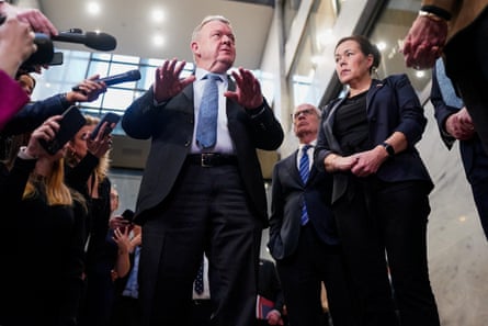 Denmark’s foreign minister, Lars Løkke Rasmussen, and Greenland’s foreign minister, Vivian Motzfeldt, speak to the media in Washington DC after a meeting with US senators, 14 January 2025.