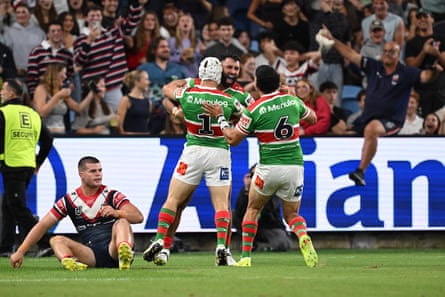 Johnston celebrates becoming the highest try scoring in NRL history.