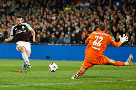 John McGinn scores against Feyenoord in the Europa League earlier this season.