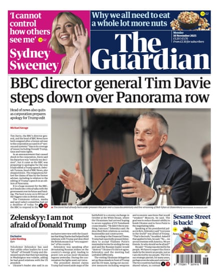 Guardian front page, Monday 10 November 2025