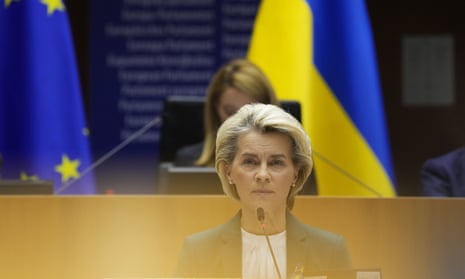 European Commission president, Ursula von der Leyen, speaks during an extraordinary session on Ukraine at the European parliament in Brussels, Tuesday, March 1, 2022