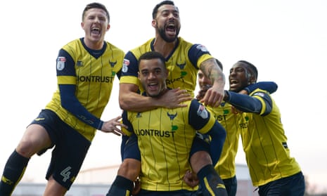 Oxford United celebrate after Curtis Nelson’s goal in the 3-0 win over Newcastle.