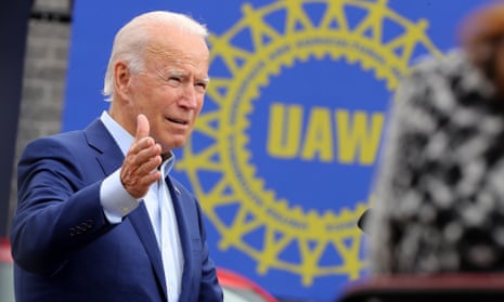 Joe Biden, the a candidate for president, delivers remarks in the parking lot outside the United Auto Workers Region 1 offices on 9 2020 in Warren, Michigan.