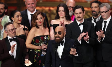 David Adjmi accepts the best play award for Stereophonic at the Tony awards in New York in 2024.