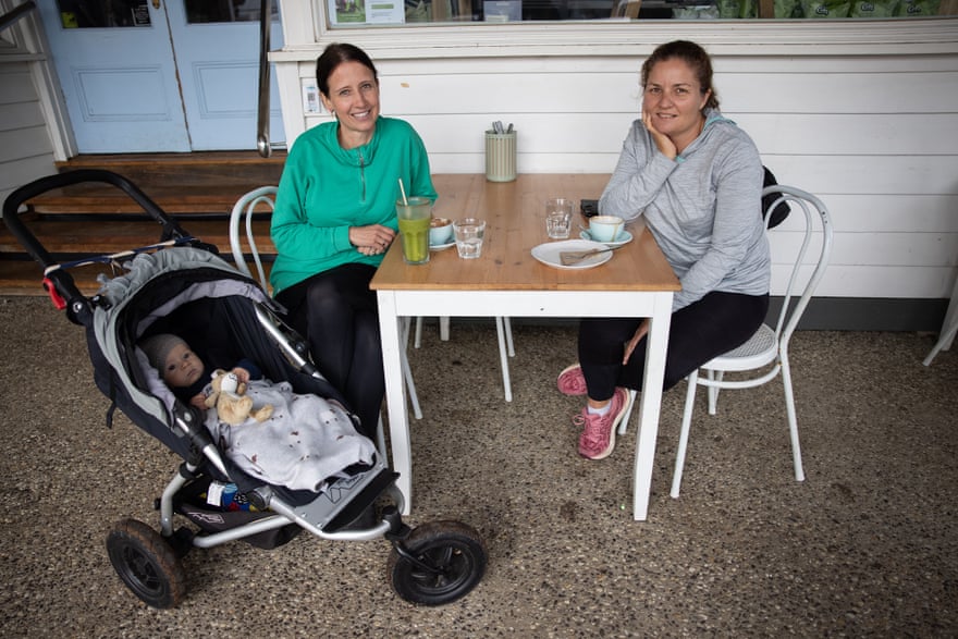 Terhi Meek (L) with her baby Axel and Victoria Guthridge(R) in Inverleigh.