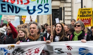Staff and students in a protest march in support of the lecturers’ strike over pensions cuts.