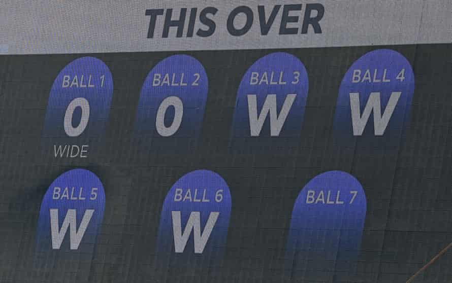 Curtis Campher grabs 4 wickets in 4 balls as Eire thrash Netherlands | T20 World Cup 2 The big screen displaying four wickets in four balls taken by Curtis Campher.