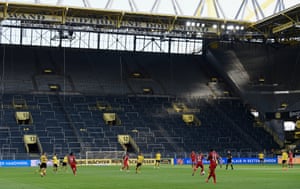 The enormous ‘Yellow Wall’ stand was empty as Bayern took on Dortmund at Signal Iduna Park last week.