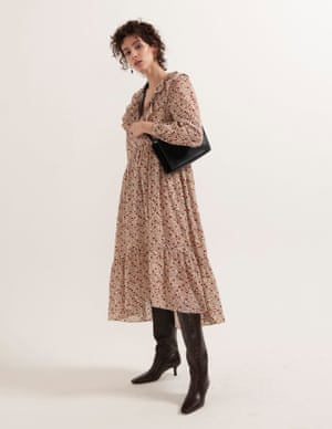 model wears dress, £49, warehouse.co.uk. Boots, £159, zara.com. Leather bag, £79, cosstores.com. Earrings, £202, annilu.dk.